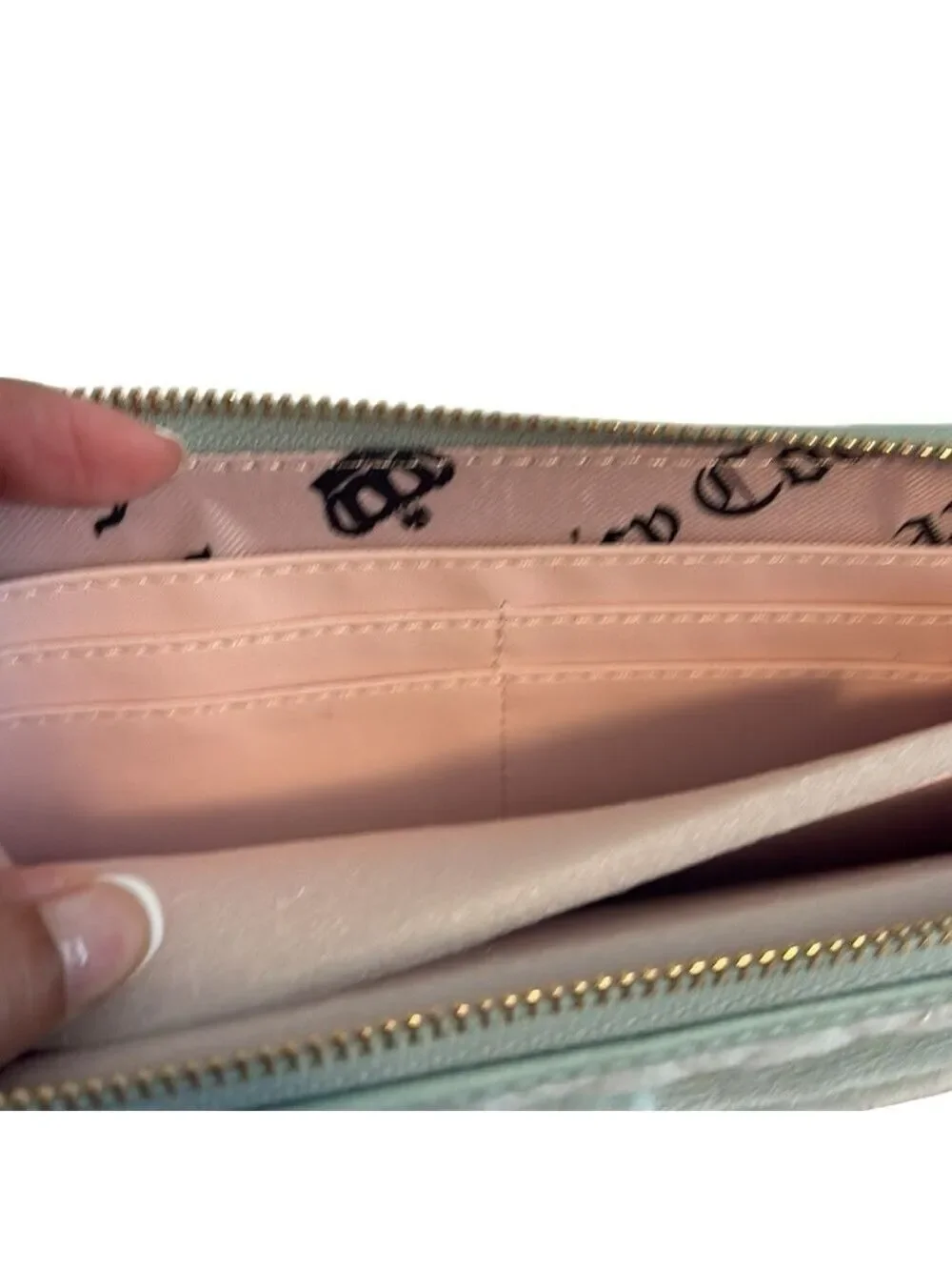Juicy Couture Light Blue Quilted Bow Wallet Plush Goldtone Hardware New